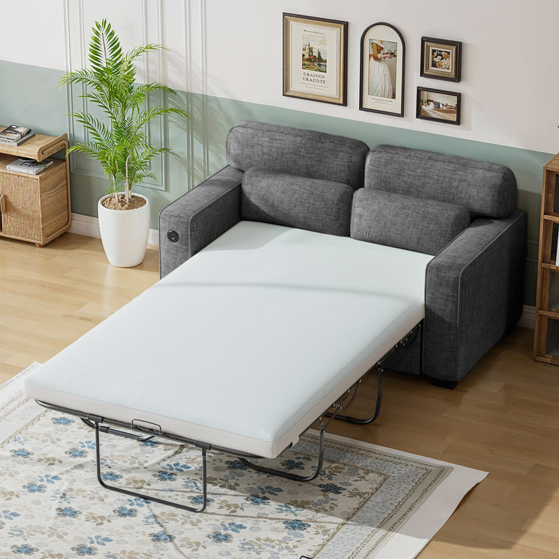 Pull Out Sofa Bed, Sleeper Sofa with 2 USB Charging Ports, Comfortable Loveseat Sleeper with Removable Covers, Gray