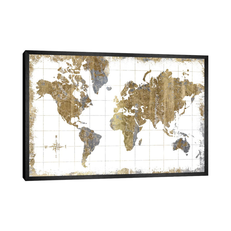 Gilded Map - Painting on Canvas, Black Floater Framed, 101.6 cm H x 66.04 cm W