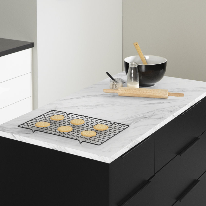 Matte Black and Faux White Marble Kitchen Island with Storage