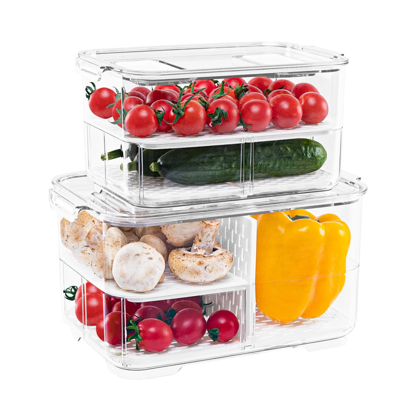 Food Storage Containers Fridge Produce Saver- Stackable Refrigerator Organizer Keeper Drawers Bins Baskets With Lids And Removable Drain Tray For Veggie, Berry And Fruits, 1 Medium And 1 Large
