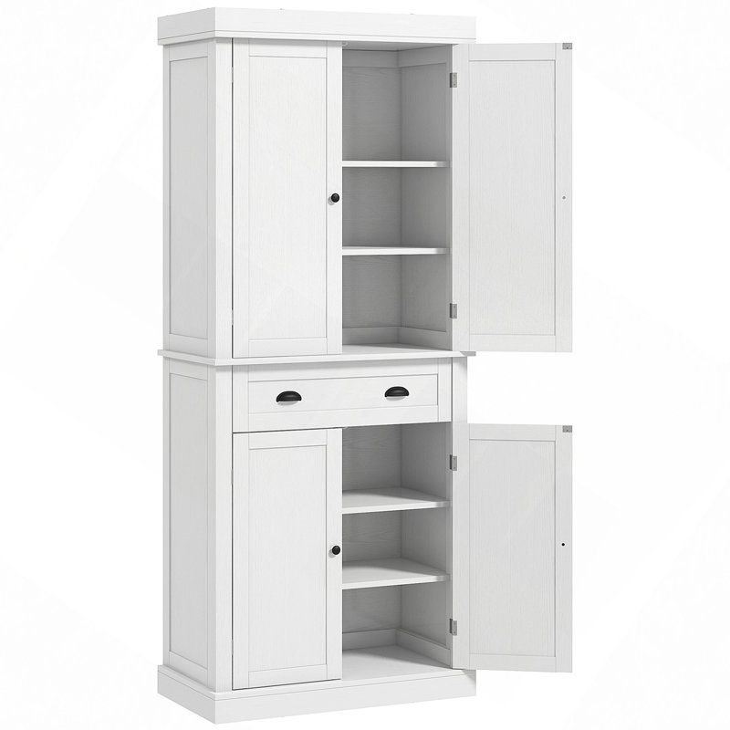 Armoire de cuisine autoportante 72,5 po, grain de bois blanc / armoire de rangement traditionnelle avec 4 portes, tiroir et 3 tablettes