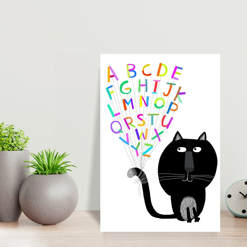 Cute Black Cat With Alphabet Letters By Carla Daly Colorful Whimsical Contemporary Cat Wall Art Print, 45.72cm H x 30.48cm W