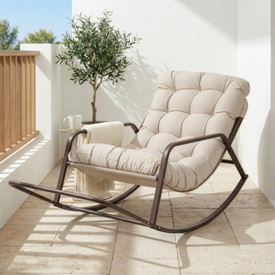 Outdoor/Indoor Papasan Rocking Chair with Cushion, 450-lb Capacity, Patio Recliner Lounge Rocker by Latitude Run
