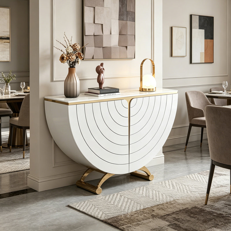 Console moderne en pierre frittée demi-ronde, 33.46" H x 47.24" W x 13.78" D, Blanc