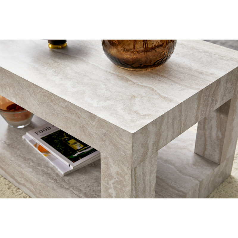 Table basse moderne à 2 niveaux pour mobilier de salon, table centrale rectangulaire avec tablette de rangement ouverte. La table basse à double couche est fabriquée en panneau de fibres à densité moyenne. Assemblage stable et durable, facile
