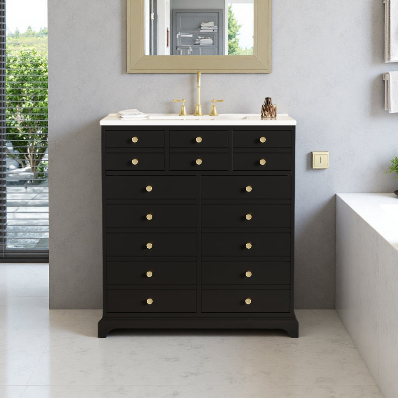 Ensemble de meuble-lavabo avec lavabo en céramique, meuble de rangement pour salle de bain avec cadre en bois massif, ensemble de meuble-lavabo autoportant avec 2 tiroirs et portes à fermeture douce, noir