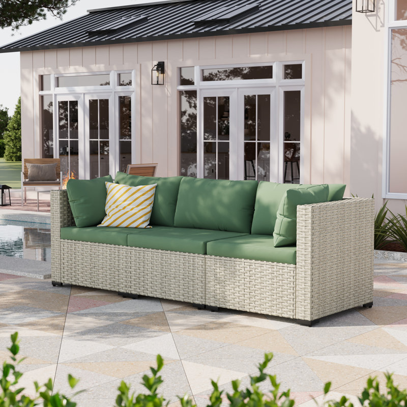 3 Pieces Rattan Patio Sofa With Cushions, Green