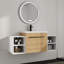 Meuble-lavabo mural Zexar de 48 po avec lavabo en résine, deux tablettes de rangement ouvertes, hauteur réglable, poignées en métal noir, portes à fermeture amortie, finition chêne naturel-1190174833