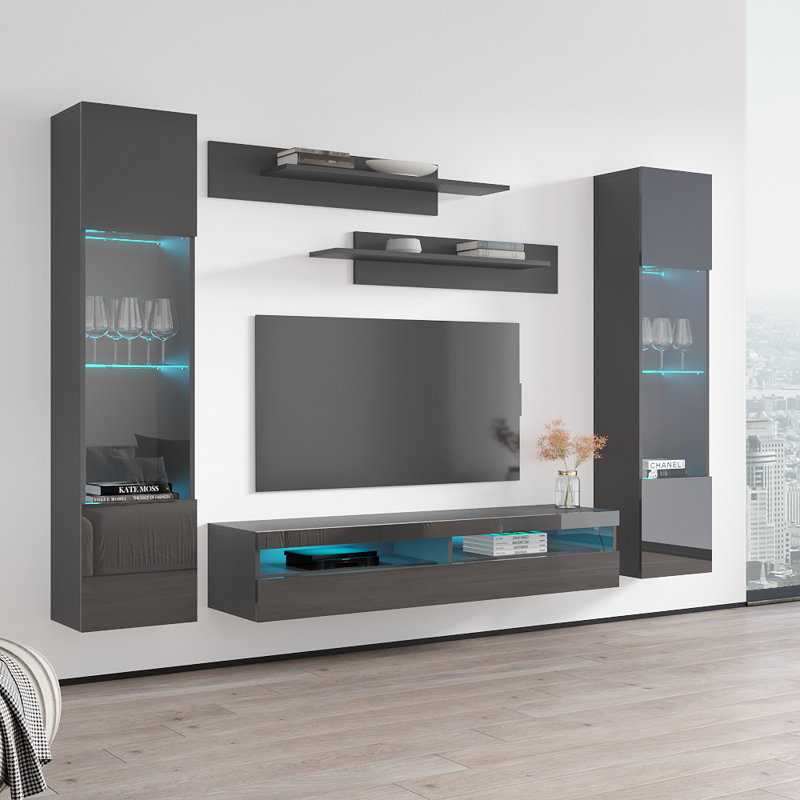 100" Modern Floating Wall Mounted Entertainment Center with 16-Color LED Lighting, High Gloss Finish, Gray
