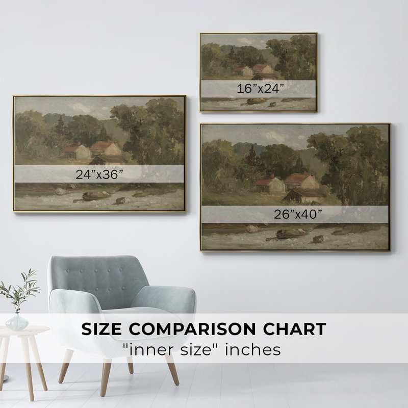 Paysage rétro - DCXVII - Toile tendue avec châssis, Toile avec cadre flottant or, H 27 po x l 41 po x P 2 po