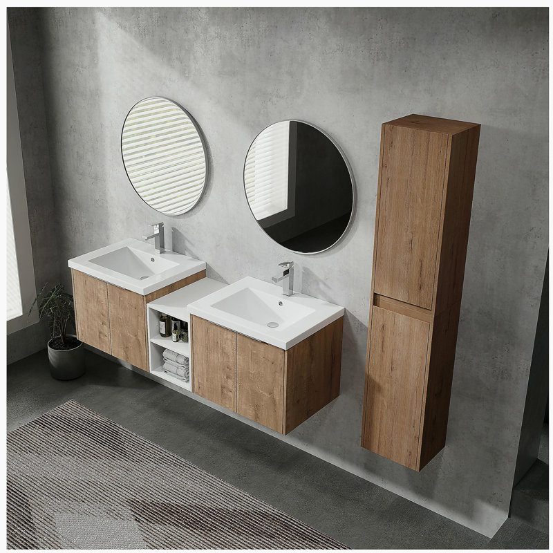Lavabo de salle de bain mural avec lavabo et armoire latérale, porte à fermeture en douceur, 59"