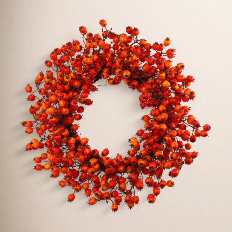 Frosted Berry Branch Tall Silk Wreath - Holiday Front Door Decor, 20" H x 20" W x 3" D, 1, Orange
