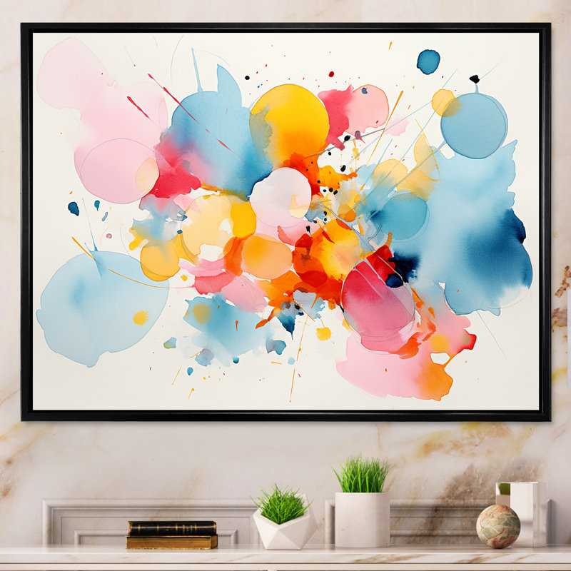 «Pastel Color Geometric Ink Collage IV», art mural géométrique, Cadre flottant noir, H 16 po x l 32 po x P 1 po