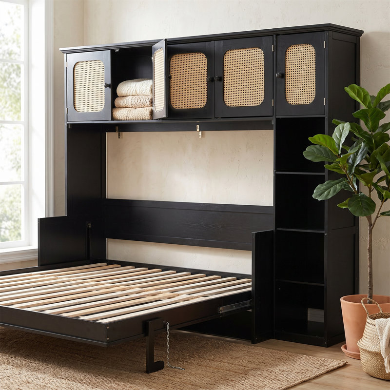 Lit escamotable noir pleine grandeur avec bureau et armoire en rotin, convenant à la maison et au bureau