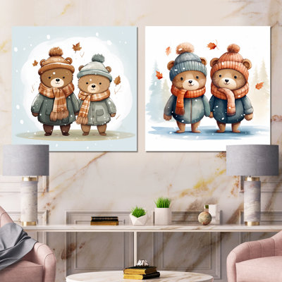 Charmant ours en peluche, ours d'hiver I - ensemble de 2 reproductions d'art en métal ourson