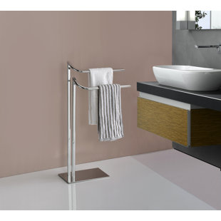 Freestanding Bathroom Towel Rack Stand with Two Chrome Bars and Weighted Base for Hanging Bath Towels Washcloths and Hand Towels in Compact Spaces with Sleek Vertical Metal Frame