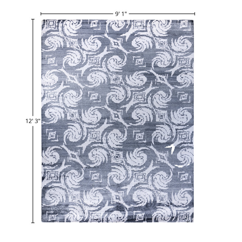 Tapis moderne noué à la main de conception unique - bleu, 9 pi 1 po x 12 pi 3 po Modern