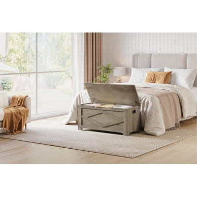 Farmhouse Wooden Storage Chest Bench with Safety Hinge for Entryway Bedroom Living Room, Grey