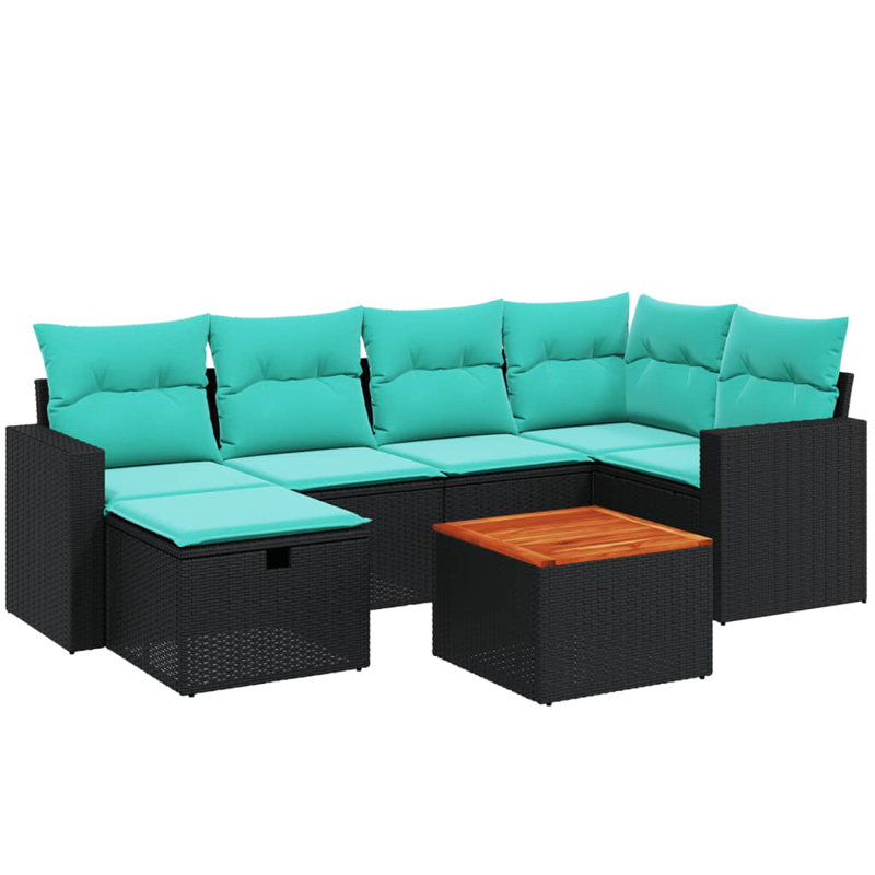 Ensemble de canapé de patio 7 pièces avec coussins en rotin de polyester, Bleu clair, Noir