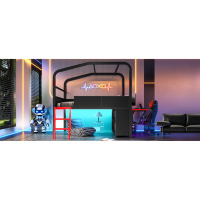 Lit mezzanine double pleine grandeur avec bureau latéral et ports USB, lit mezzanine en métal de style jeu avec lumières à DEL, armoires de rangement et auvent chic