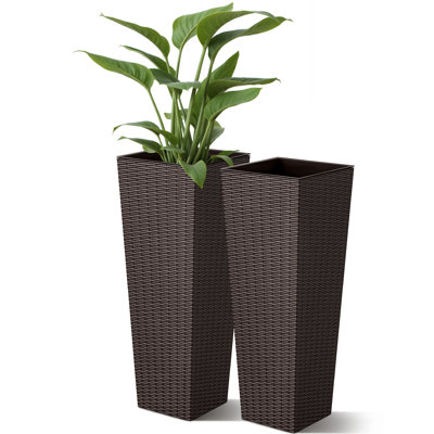 Ensemble de 2 pots à fleurs en plastique imitation rotin de qualité supérieure avec trous de drainage, grands pots à fleurs pour l'intérieur et l'extérieur