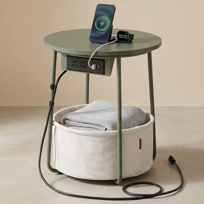 Small Round Side End Table With Charging Station - Modern Nightstand With Usb Ports And Fabric Basket, Forest Green And Cream White