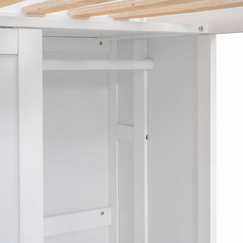 Lit mezzanine en bois avec tablettes de rangement et garde-robe, Blanc