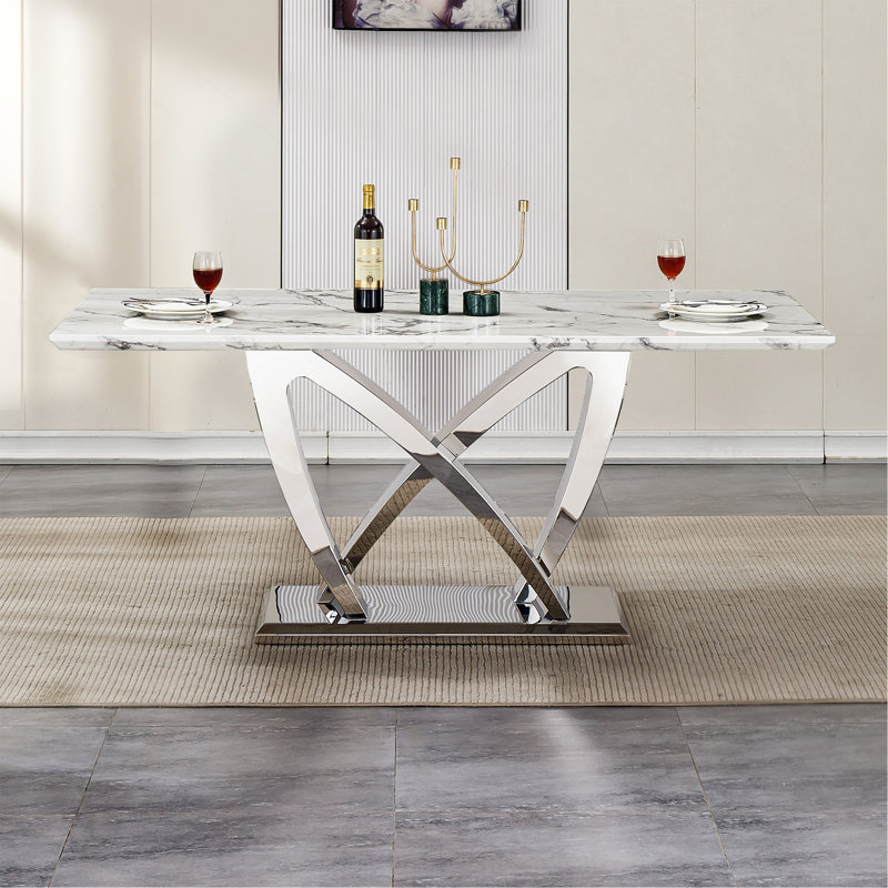 Table de salle à manger en marbre pour 6 personnes, table de salle à manger rectangulaire en faux marbre 70 po avec base en acier inoxydable à finition miroir, table de cuisine moderne en marbre de grande taille (table seulement)