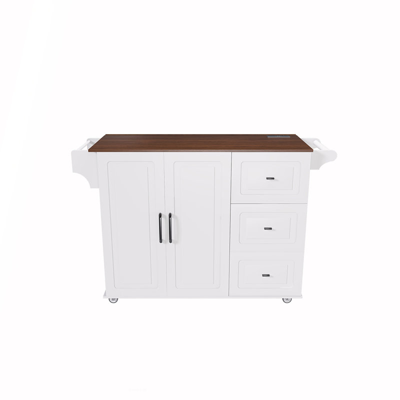 Chariot d'îlot de cuisine blanc avec plateau de table pliable, abattant et rangement - Bar à déjeuner mobile sur roulettes