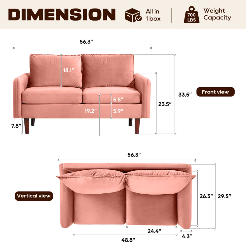 Causeuse Hessville, Velours rose