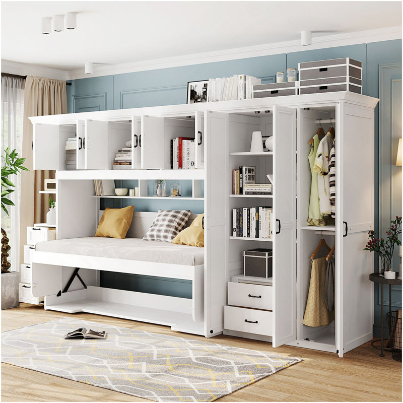 Lit escamotable simple avec armoire, bureau et bureau, blanc