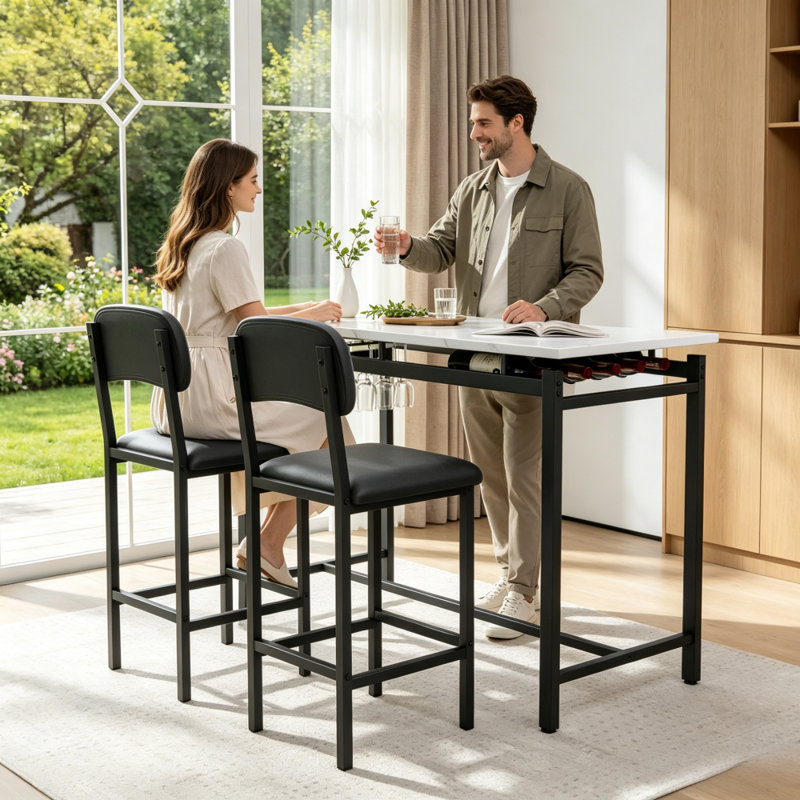 Ensemble de table et chaises de salle à manger modernes pour 2 personnes, fini en marbre, avec 2 chaises rembourrées. Parfait pour un coin repas, une salle à manger ou un bar. Style rustique noir.