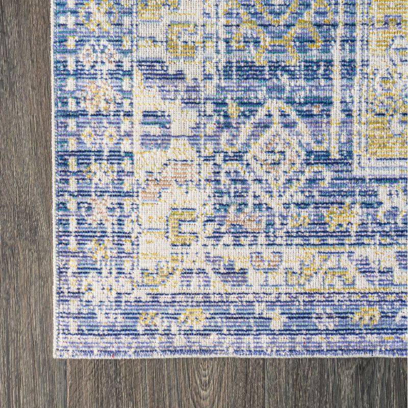 Tapis bleu avec médaillon géométrique décoratif Peregrine, Tapis de couloir 2 pi 2 po x 8 pi