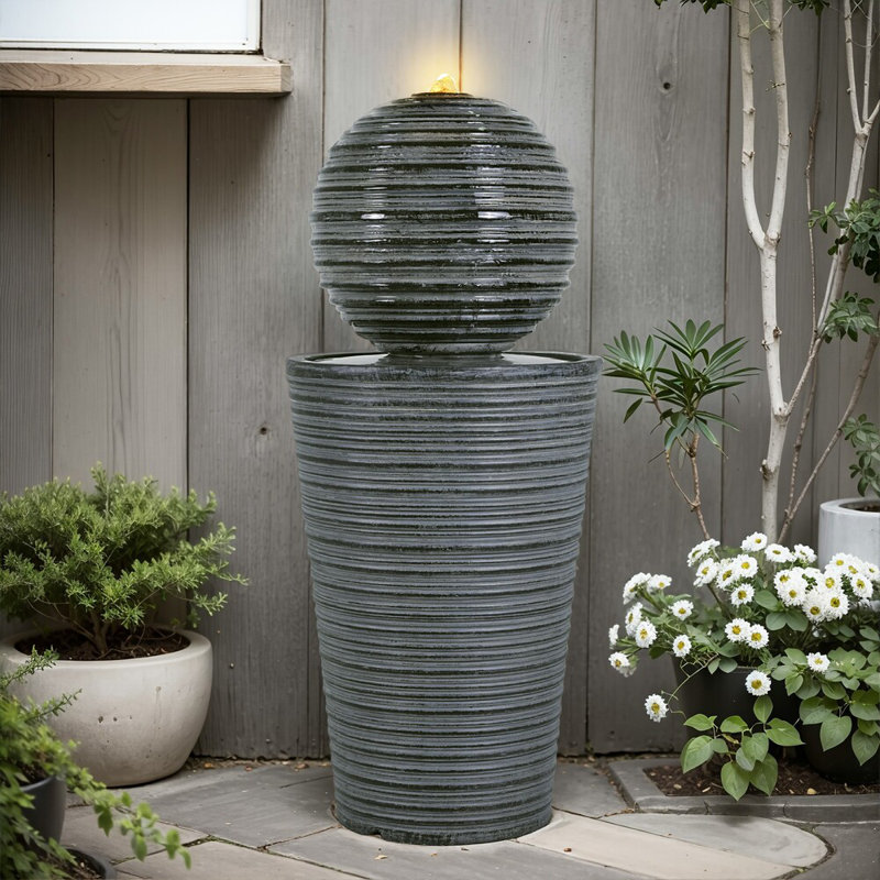 31.5"h Tall Striped Concrete Column Fountain – Led Light Shadow Ambiance Maker, Durable Modern Outdoor Landscape Feature For Courtyards/parks/commercial Spaces