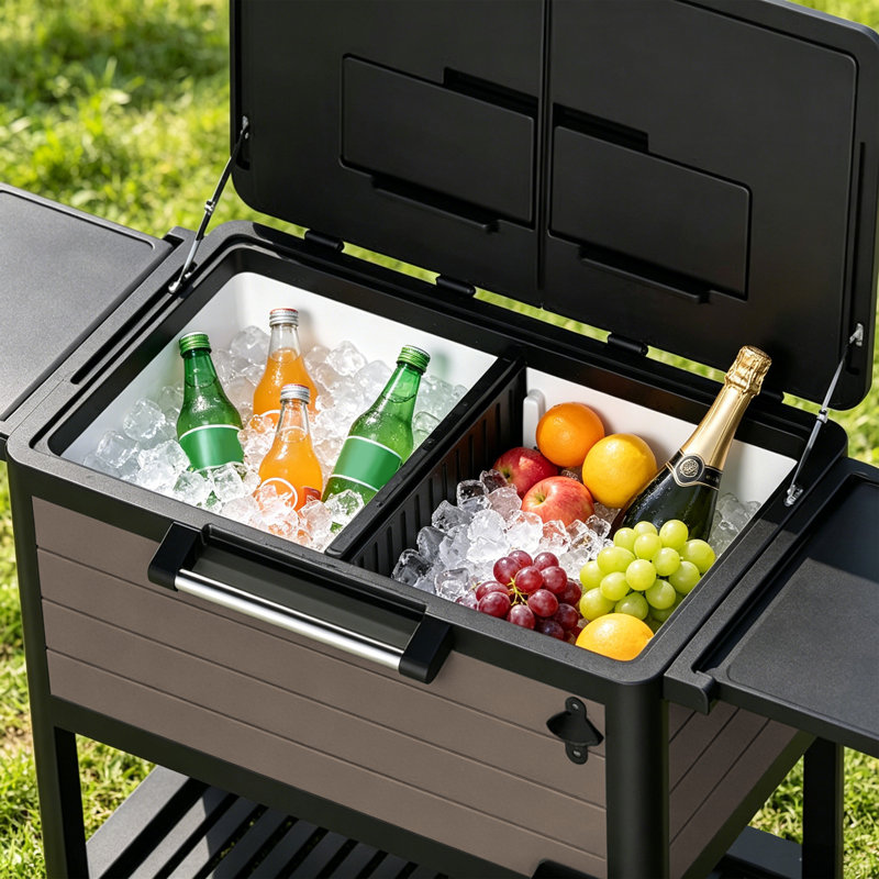 Decksplore 104 Qt Rolling Patio Cooler Cart With Wheels, Outdoor Beverage Bar Ice Chest With Drain, Bottle Opener & Side Shelves