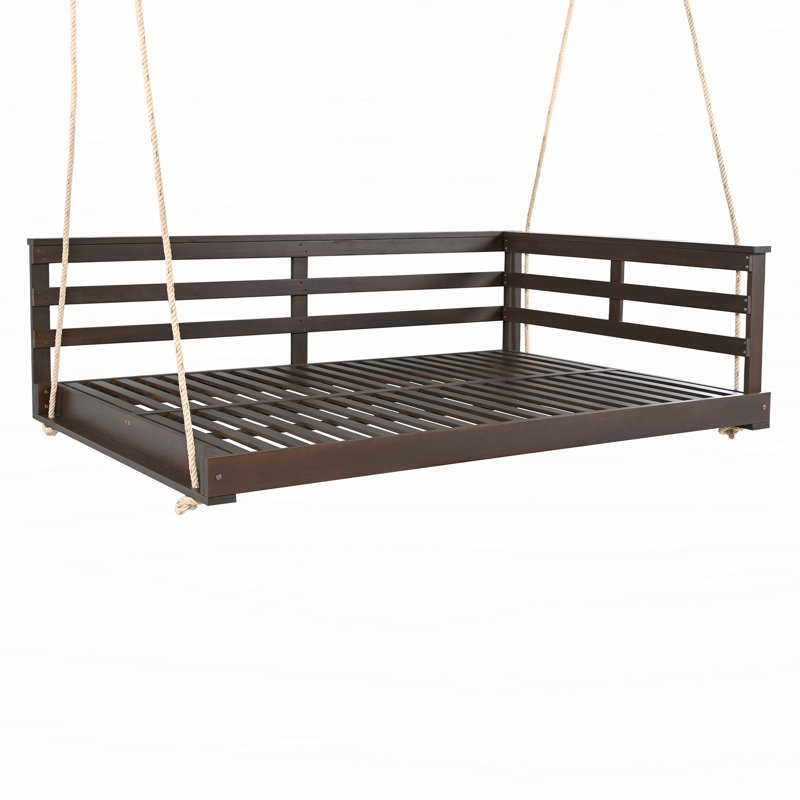 Acacia Wood Porch Swing Bed for Outdoor with Hemp Ropes - Full Size Patio Hanging Bed, 350lbs Capacity, Open-Side Minimalist Design for Patio, Backyard, Garden