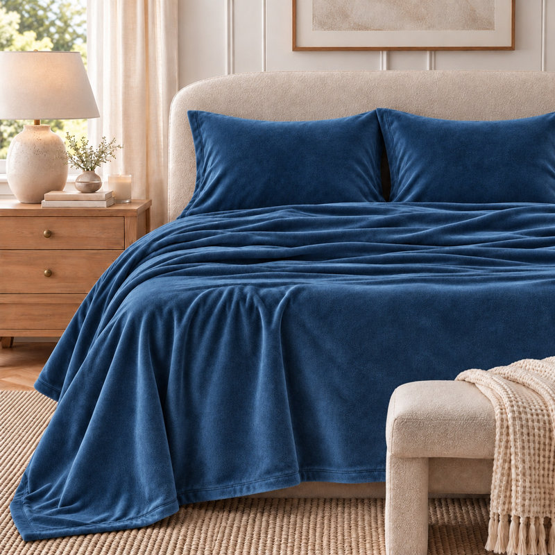 Ultra Soft Micro Plush Velvet Solid Sheet Sets, Queen, Denim Blue