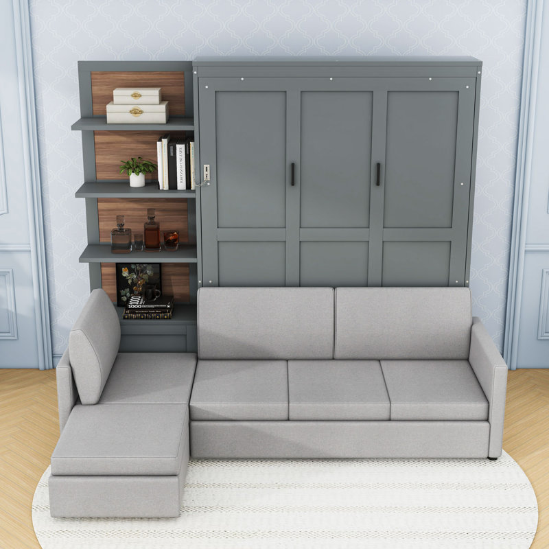 Grand lit escamotable avec canapé et tablettes, Gris