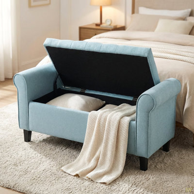 Fabric Storage Bench with Rolled Arms, 38" Seat Width, Legs, Button Fabric Design, Living Room Bedroom Entryway Furniture