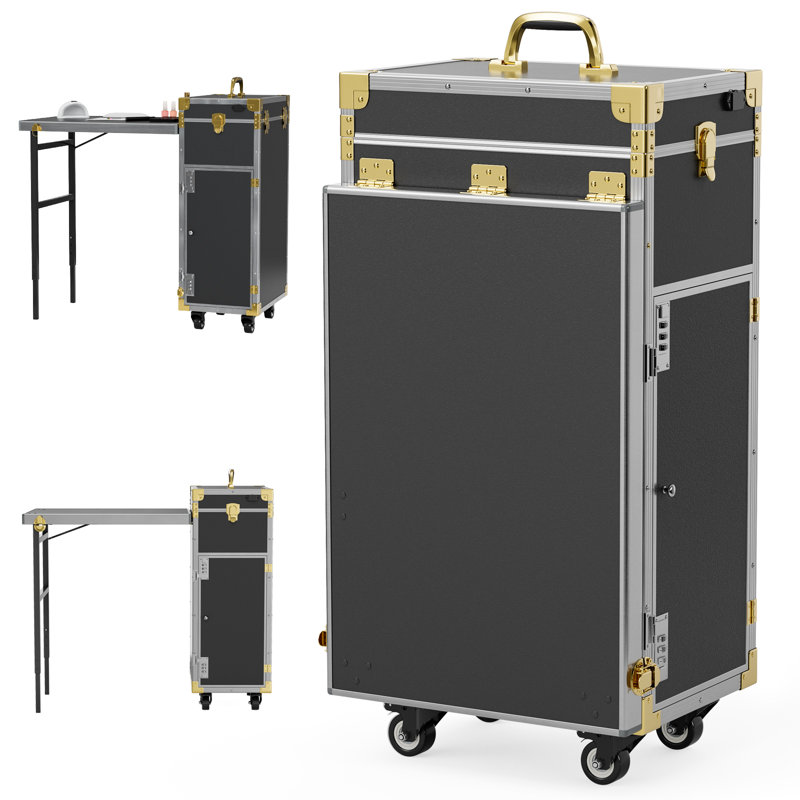 Manicure Trolley with Table, Black Foldable Traveling Nail Desk w/Storage, Worktable and Mirror