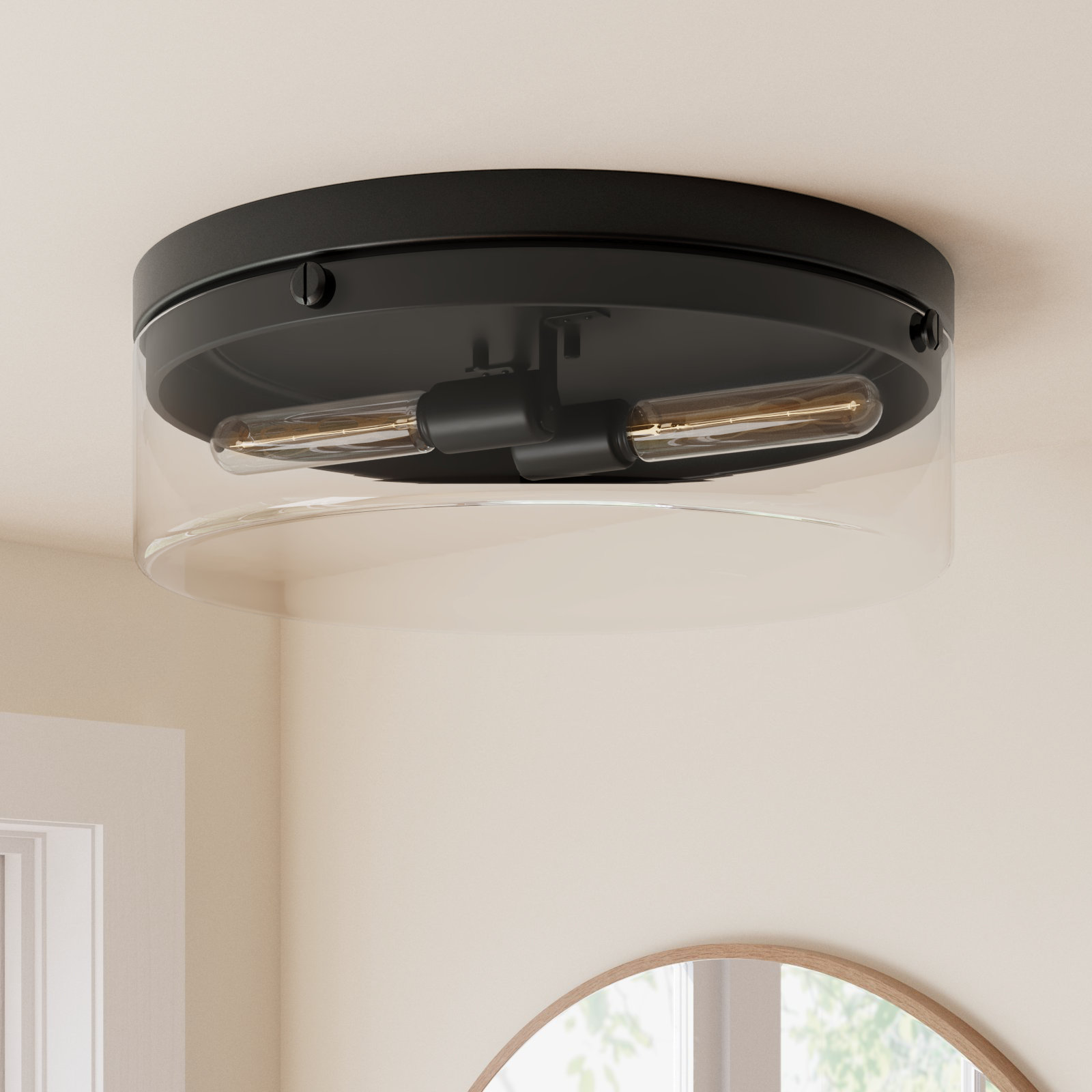 2 Light Glass Flush Mount, 6.5" H x 18.38" W x 18.38" D