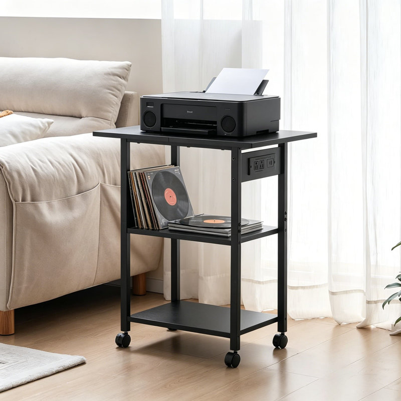 Support d'imprimante industriel à 3 niveaux avec station de charge, chariot d'imprimante mobile avec tablette de rangement et cadre en acier, table d'imprimante roulante avec roues verrouillables pour le bureau personnel
