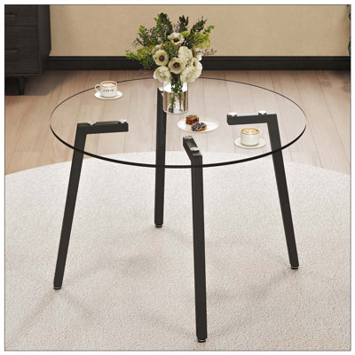 Table de salle à manger 42 "ronde en verre trempé - Verre transparent avec pieds en métal noir