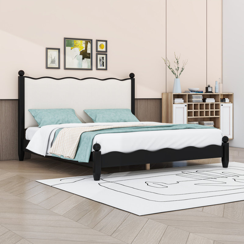 Lit plateforme avec tête de lit tapissier et structure en bois robuste, Noir, Grand lit