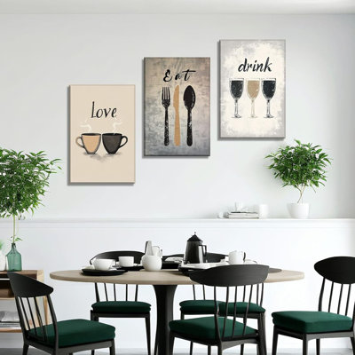 3 Pcs Kitchen Canvas Art Love Eat Drink Picture Wall Decor Framed Fork Knife Coffee Wine Painting Vintage Prints Dining Room Restaurant Bar Ready To Hang(Kitchen-8,16.00"X24.00"X3p)