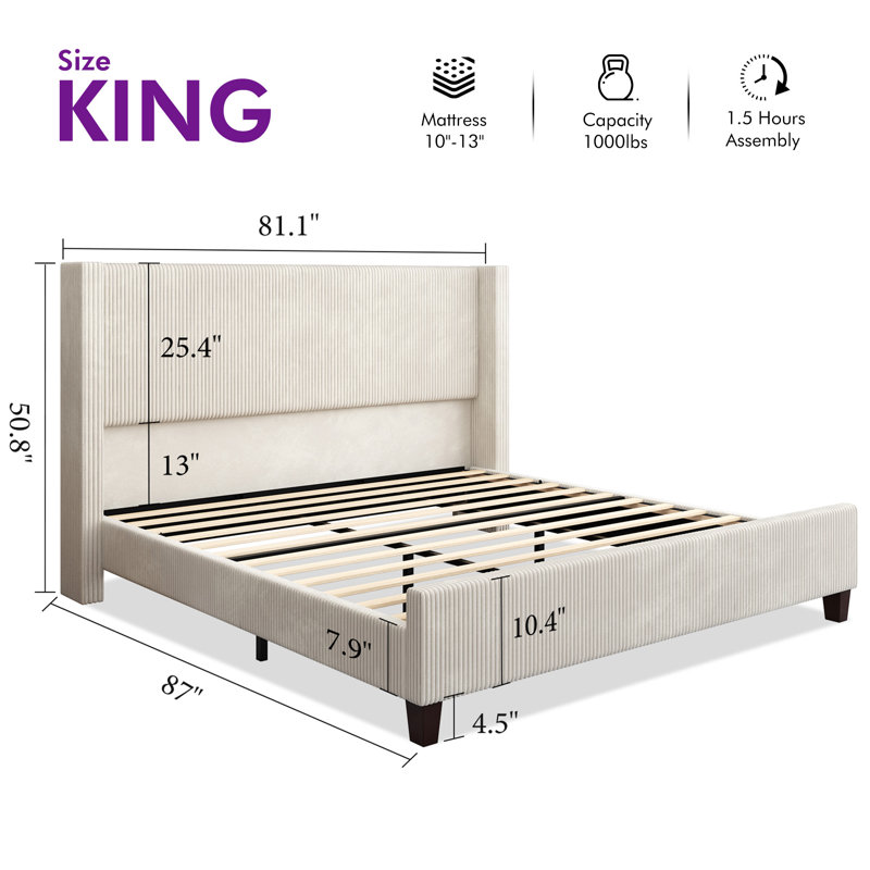 Wauseon Corduroy Upholstered Bed, King, Cream Corduroy