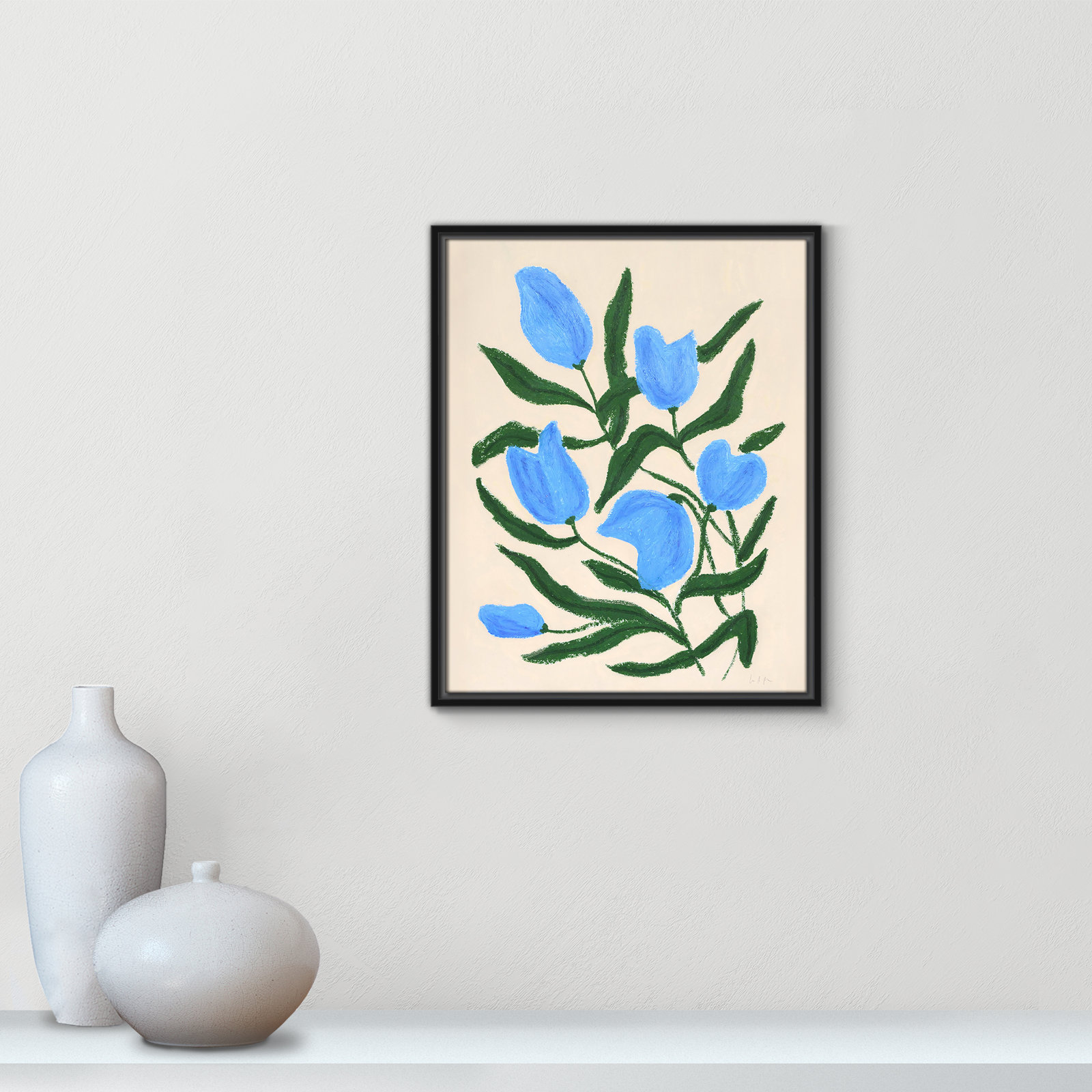 Blue Tulips Print by Camilla Bergqvist, 21.5" H x 17.5" W, Black