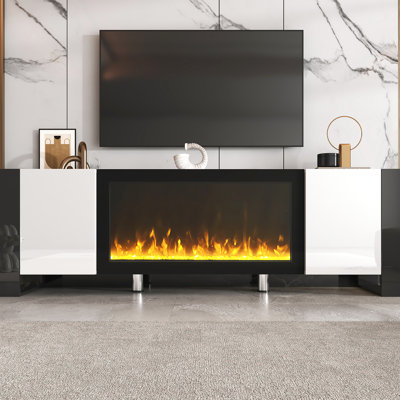 Meuble télé moderne avec foyer 34,2 po, centre de divertissement ultrabrillant 78 po, blanc, 2 armoires pour le rangement et l'organisation électronique blanche minimaliste spacieuse