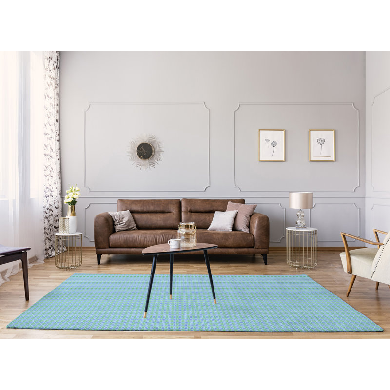 Tapis de couleur bleue losanges ligné, Rectangle 9 pi x 12 pi