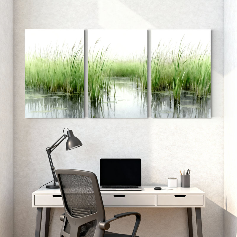 Ensemble de 3 reproductions d'art sur toile Winter Reeds Reflecting In Calm Water Surface, H 30 po x l 60 po